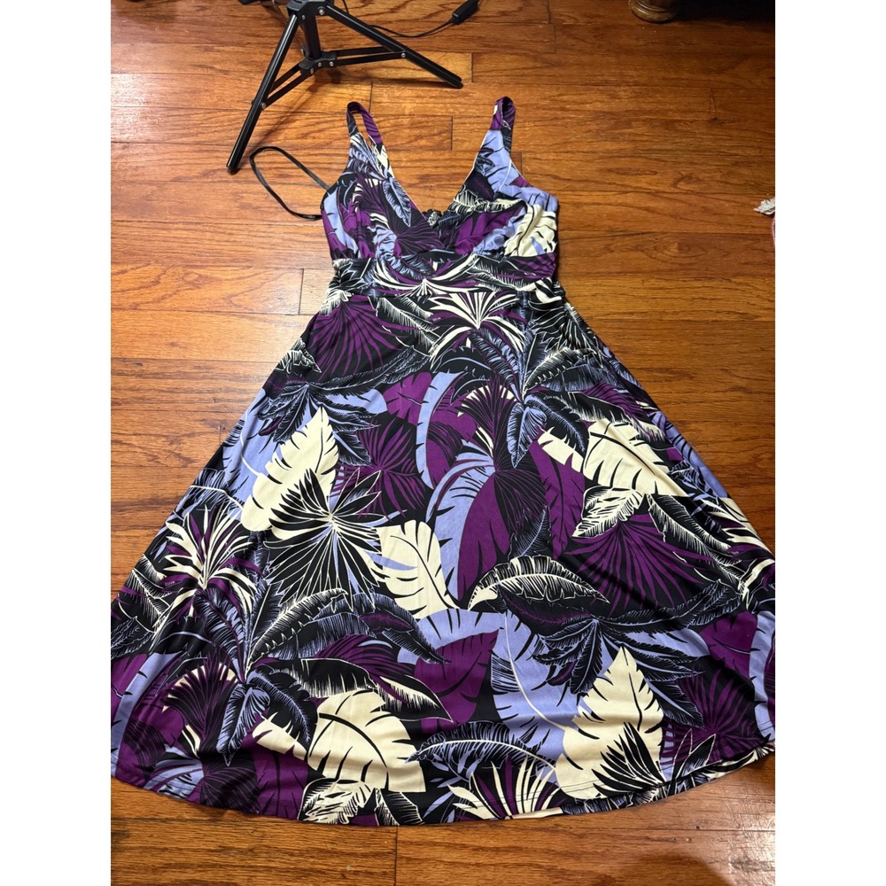 Y2K Hale Bob Purple Tropical Palm Leaf 100% Silk Maxi Dress Womens Small